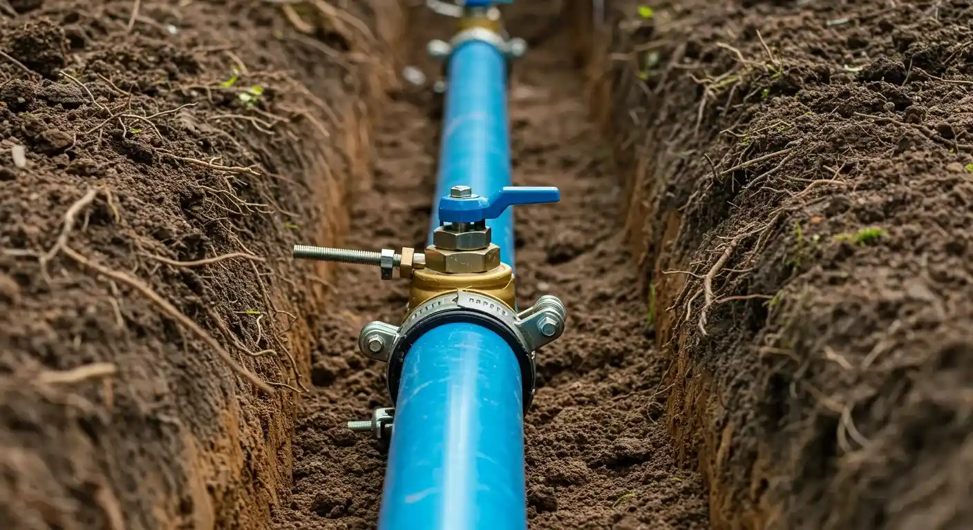 A close-up view of a blue water pipe in a dirt trench, showing a brass fitting with a blue valve handle secured with clamps.