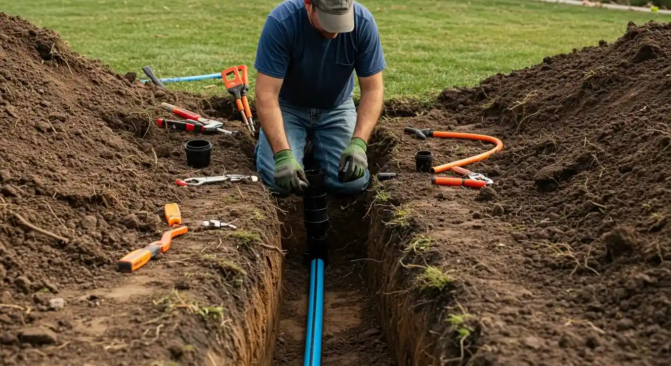 A person in jeans and a t-shirt kneels in a dirt trench, connecting a black pipe fitting to a bright blue water line. Various tools are scattered on the ground around them.