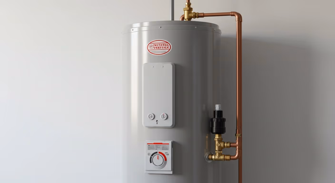 A close-up of a new gray "Vasttikk" brand water heater shows its red and white logo and control dials, with copper pipes and a black valve connected on the right side.