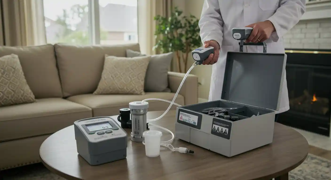  A person in a white lab coat is holding and connecting various pieces of portable indoor air quality testing equipment. The equipment, including a control unit, sample containers, and a carrying case, is set up on a round coffee table in a home living room with a fireplace and a couch in the background.