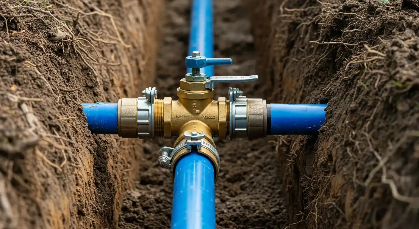 A close-up shot inside a dirt trench shows a large brass valve with a blue handle connecting two sections of blue plastic water pipe. The valve is secured with metal clamps.