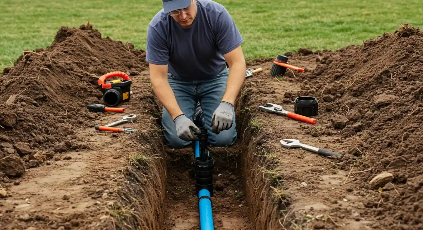 A person wearing a baseball cap and gloves is kneeling in a trench, connecting a black pipe fitting to a blue water line. Tools like wrenches and a cordless blower are on the ground nearby.