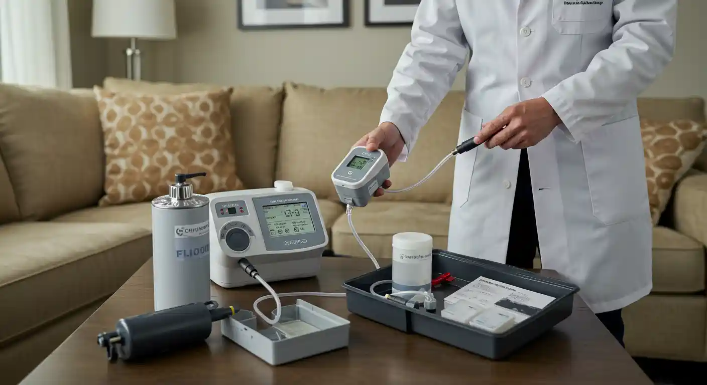  A person in a white lab coat is working with a variety of indoor air quality testing equipment on a coffee table in a living room. The equipment includes a central unit with a digital display, various sensors, and sample containers.