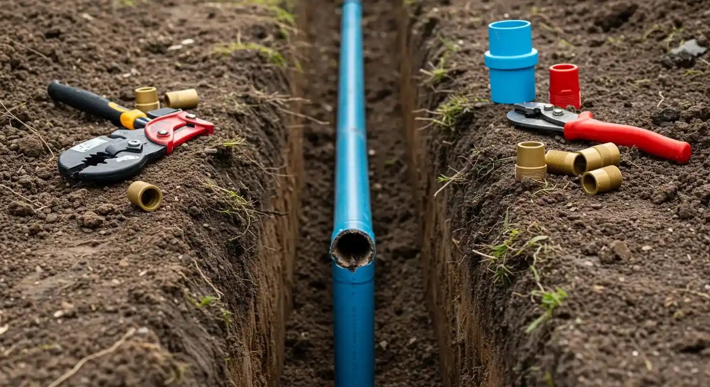 A close-up, low-angle shot shows a trench with a blue water pipe. The pipe is broken in the middle, and various blue, red, and yellow plumbing fittings and tools are arranged on the ground.