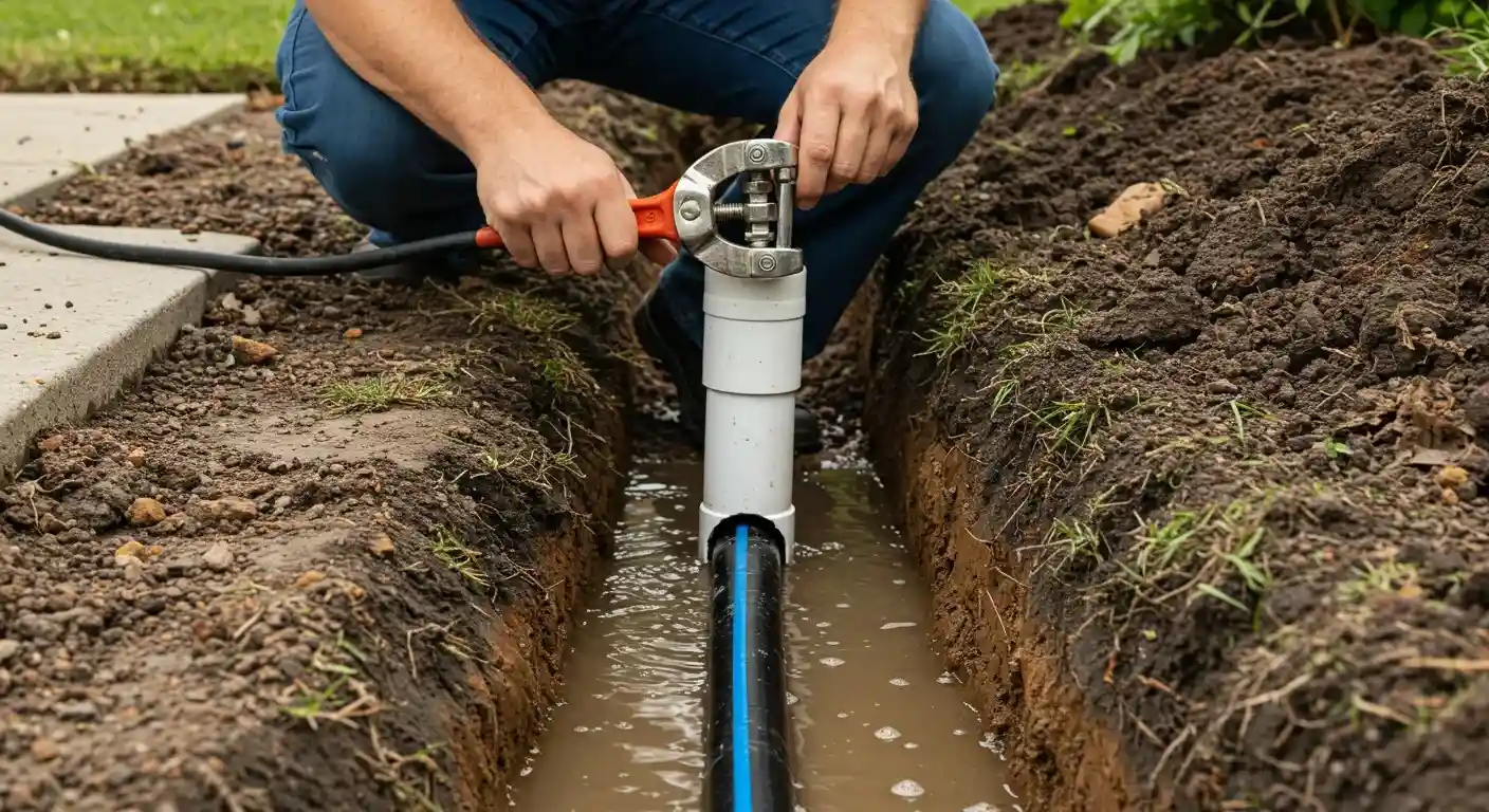 A close-up, low-angle shot shows a broken blue water pipe in a dirt trench. A pair of pliers with an orange handle and various blue and yellow pipe fittings are scattered on the ground around it.