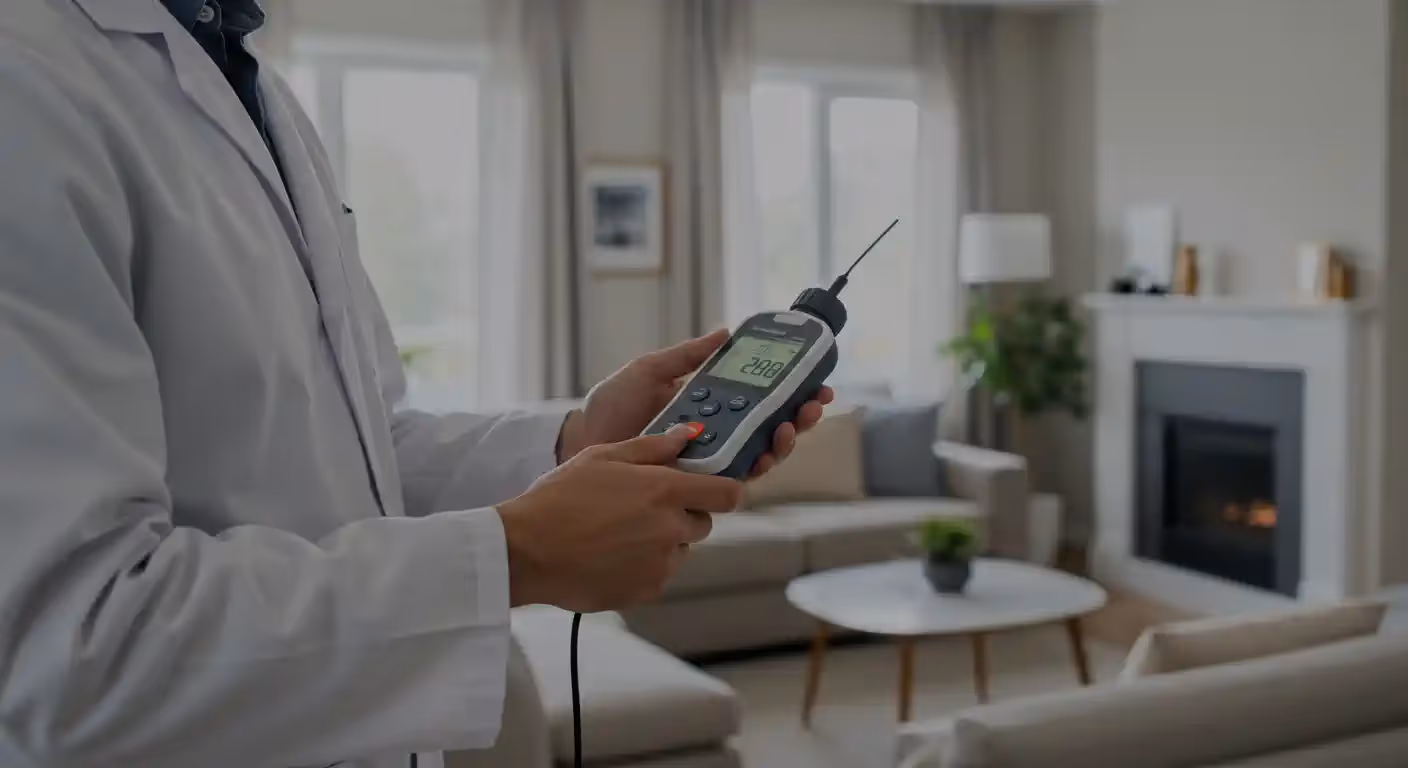 A person wearing a white lab coat holds a handheld air quality testing device with a screen that reads "20.8." The device has a long antenna and several buttons. In the blurred background, a living room is visible with a fireplace, a couch, and a large window.