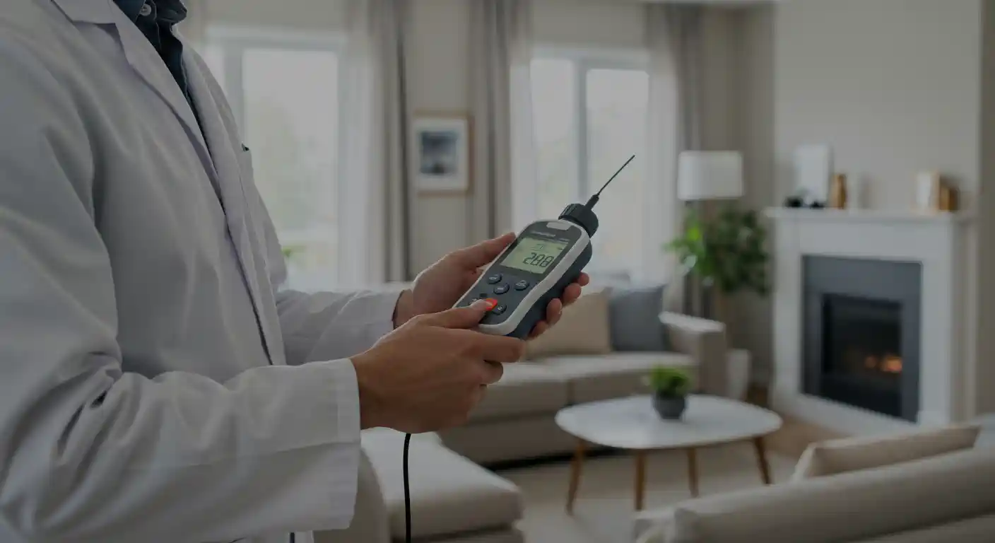  A close-up of a person in a white lab coat holding a handheld indoor air quality monitor. The device has a digital screen displaying a reading of '20.8' and an antenna. The background is a blurred image of a modern living room with a fireplace and light-colored sofas.