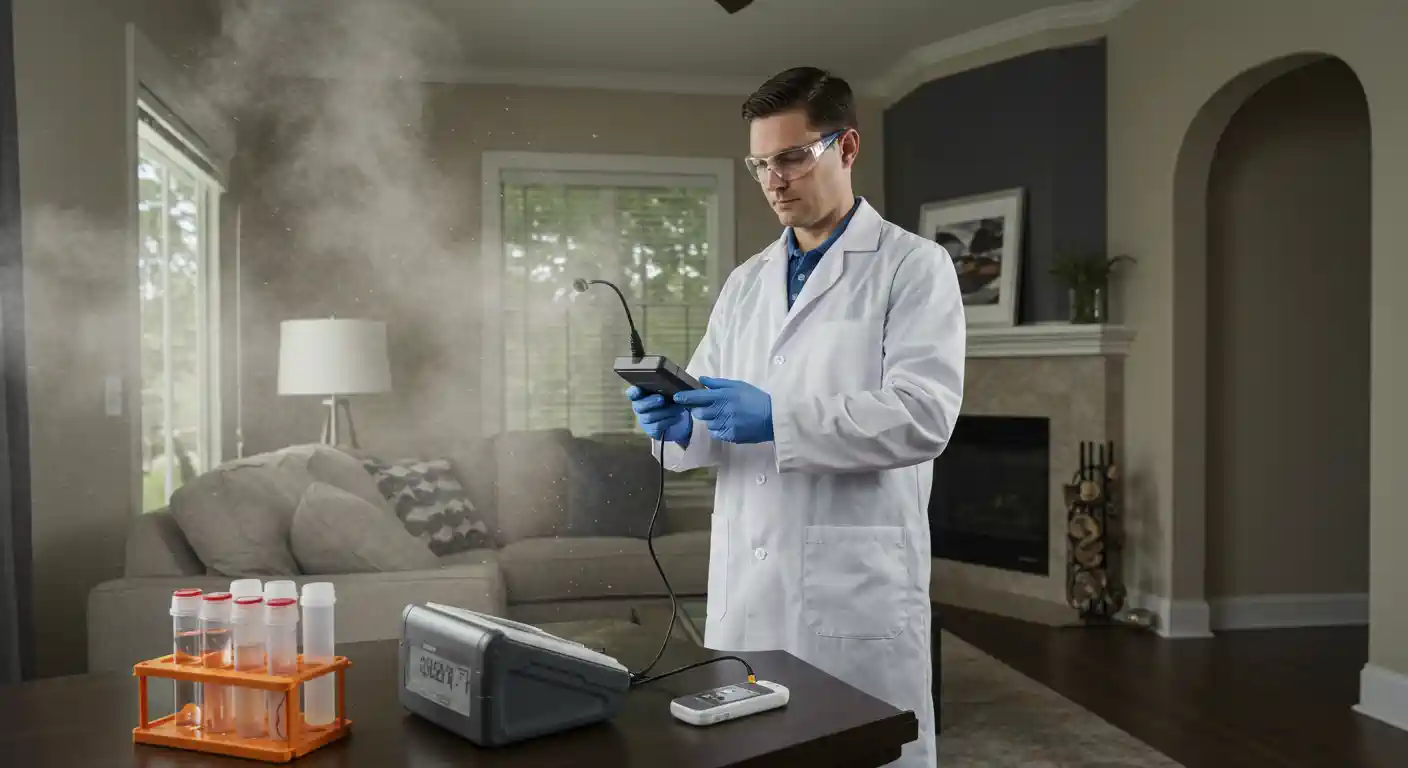  A male technician wearing a white lab coat, safety glasses, and blue gloves is standing in a living room, holding a handheld air quality monitor with a sensor attached. 
