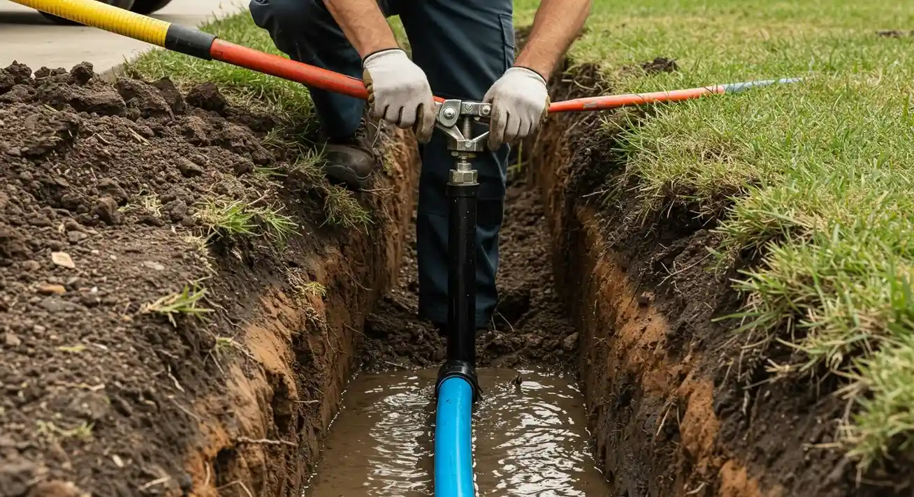 A person wearing work gloves is kneeling in a muddy trench. They are using a large, specialized tool with two long handles to connect a blue pipe to a vertical black pipe.