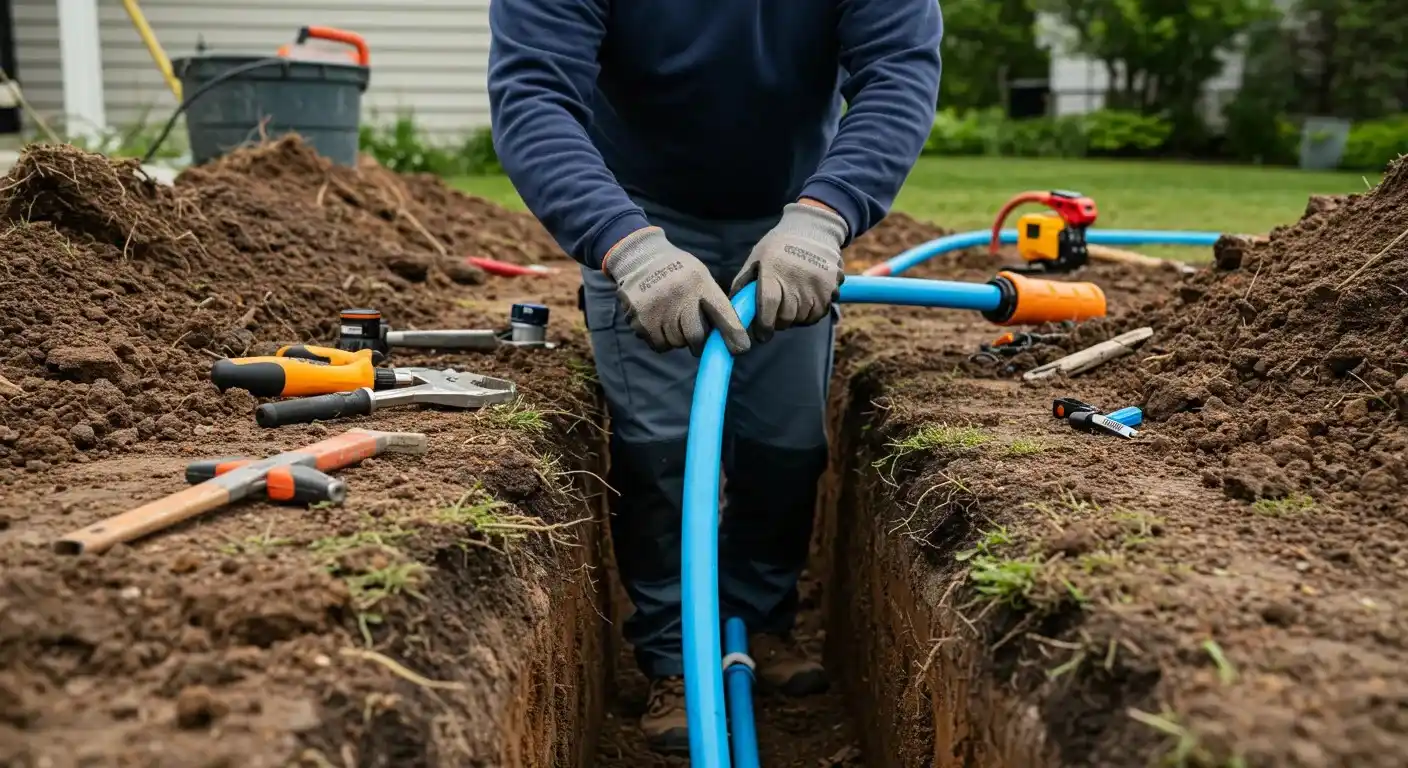 A person in work overalls and gloves is standing in a trench, working with a blue plastic pipe. They are holding two sections of the pipe, appearing to connect or adjust them, with a variety of tools visible on the surrounding dirt.