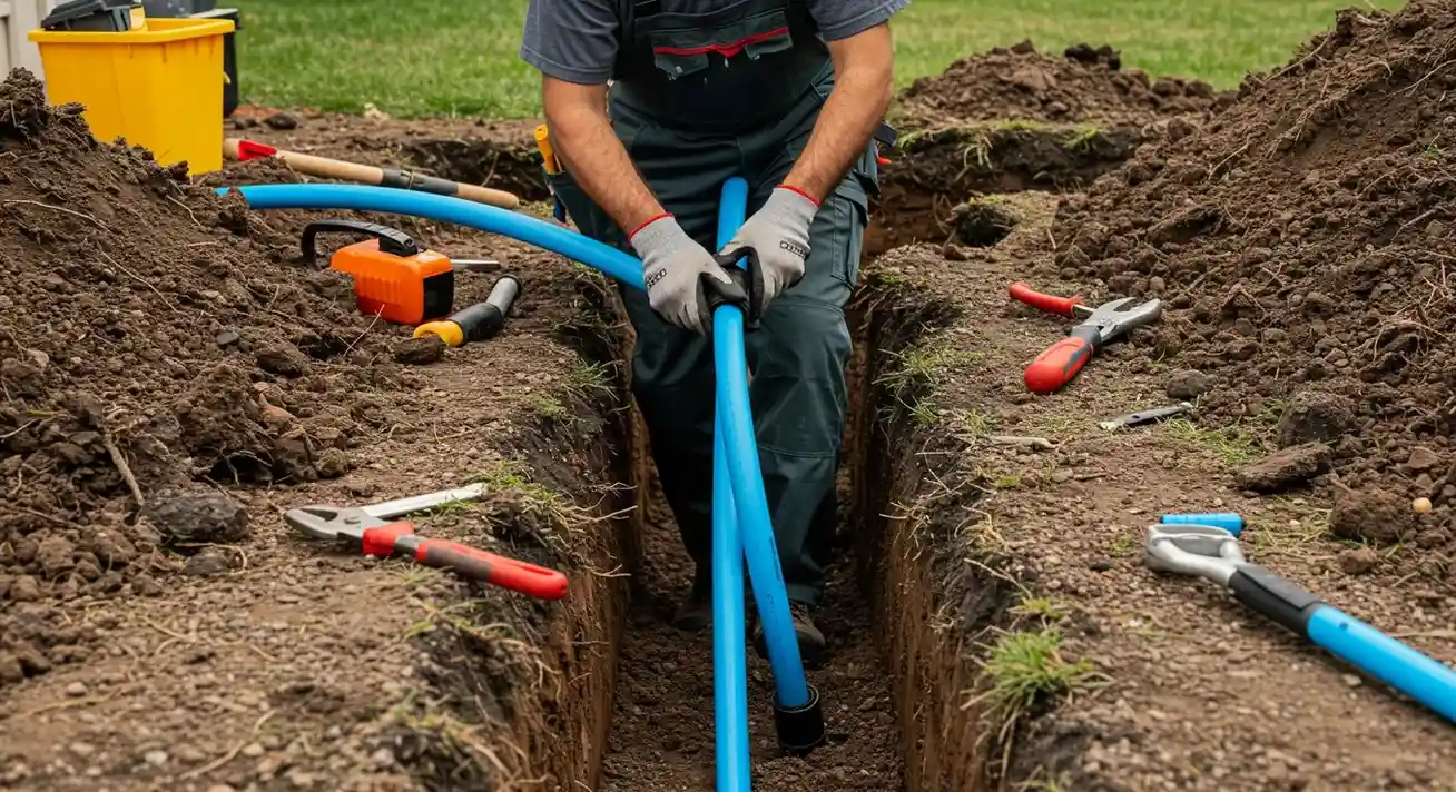 A person wearing overalls and gloves is standing in a trench, holding and maneuvering a bright blue water pipe. The surrounding ground is covered in dirt piles and various plumbing tools.