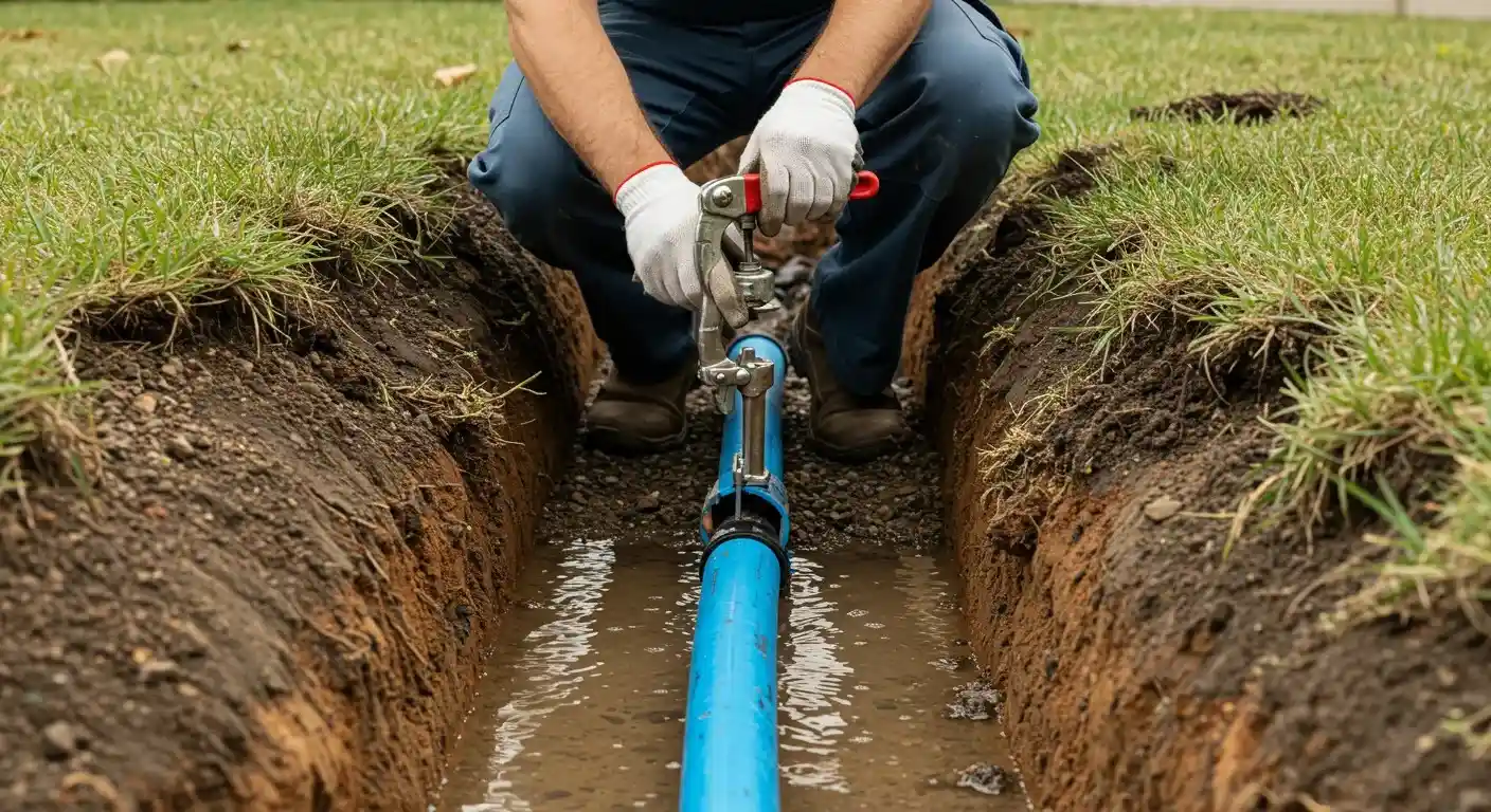 A close-up shot shows a person in work gloves and jeans kneeling in a muddy trench. They are using a large, red-handled wrench to tighten a connection on a blue pipe, which is submerged in a small amount of water.