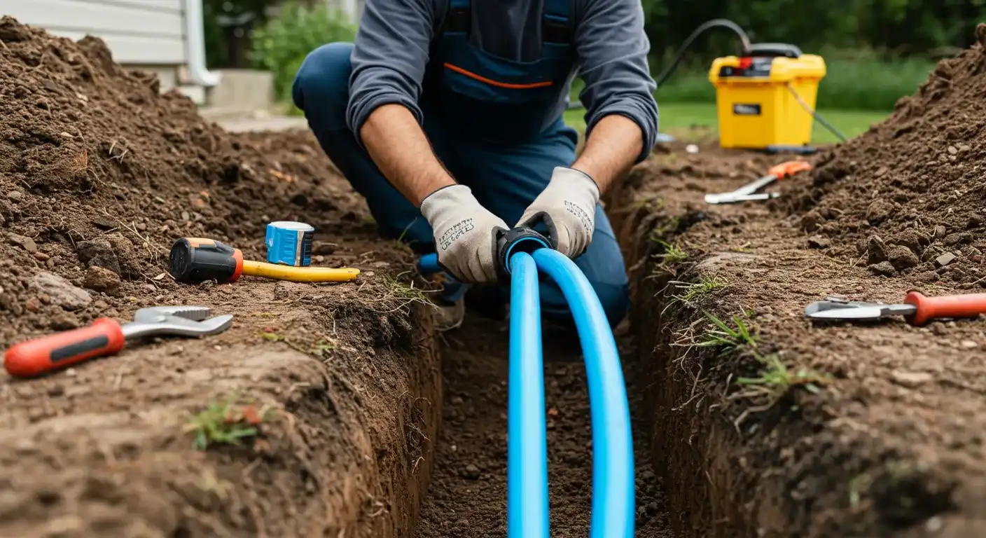 A close-up, low-angle shot shows a person's hands in gloves, kneeling in a trench. They are holding two sections of blue plastic pipe, pressing them together to form a connection.