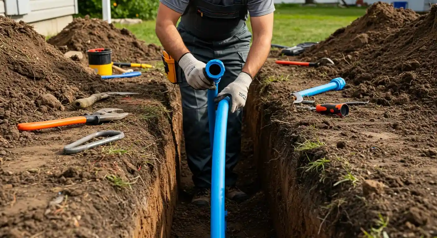 A person wearing work clothes and gloves is standing in a narrow dirt trench, holding a section of blue pipe. Tools like wrenches and cutters are scattered on the ground around the trench.