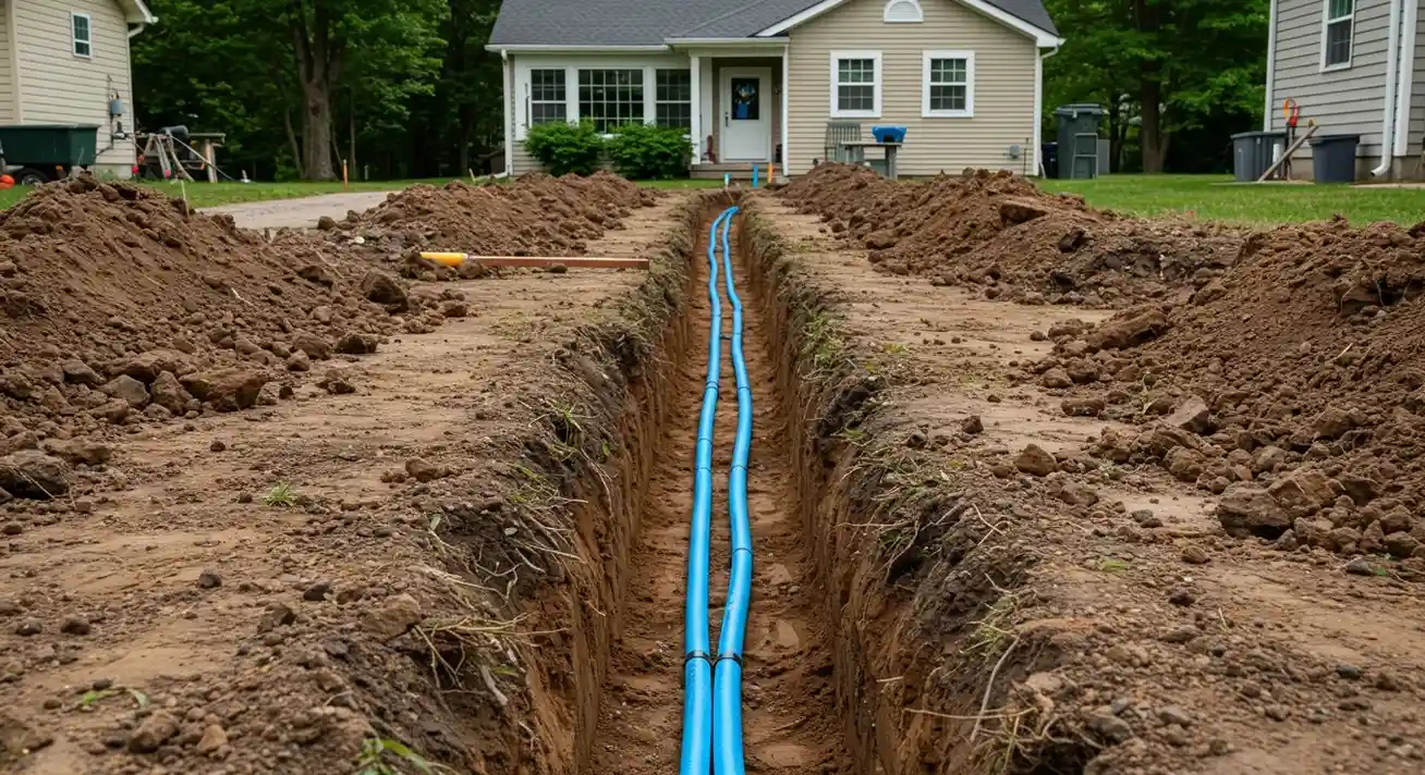 A wide, ground-level shot shows a deep trench dug through a grassy yard, leading to a house. Two bright blue water lines run parallel along the bottom of the trench, with piles of dirt on either side.