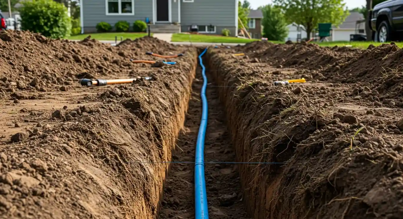 A wide, low-angle shot shows a deep trench with a single blue water line running down the middle. Piles of excavated dirt line both sides of the trench, and various tools are visible on the ground.