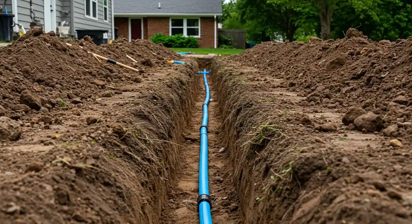 A low-angle view from inside a trench shows a single blue water line extending into the distance toward a brick house. The trench is flanked by piles of dirt, and a black connector is visible on the pipe near the foreground.