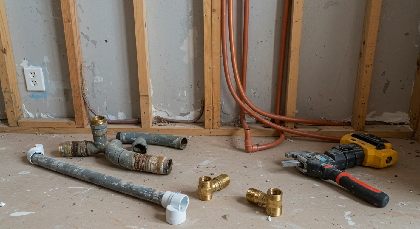 Various plumbing tools and new and old pipes, including brass fittings, lie on a concrete floor next to an exposed wall framing.