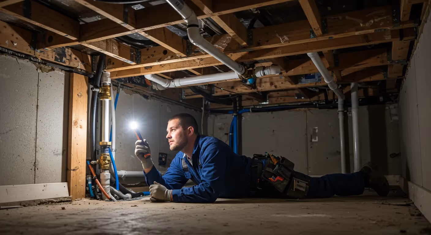 A plumber lies on a concrete floor in a basement or crawlspace, using a flashlight to inspect plumbing pipes and fittings attached to the wooden ceiling.