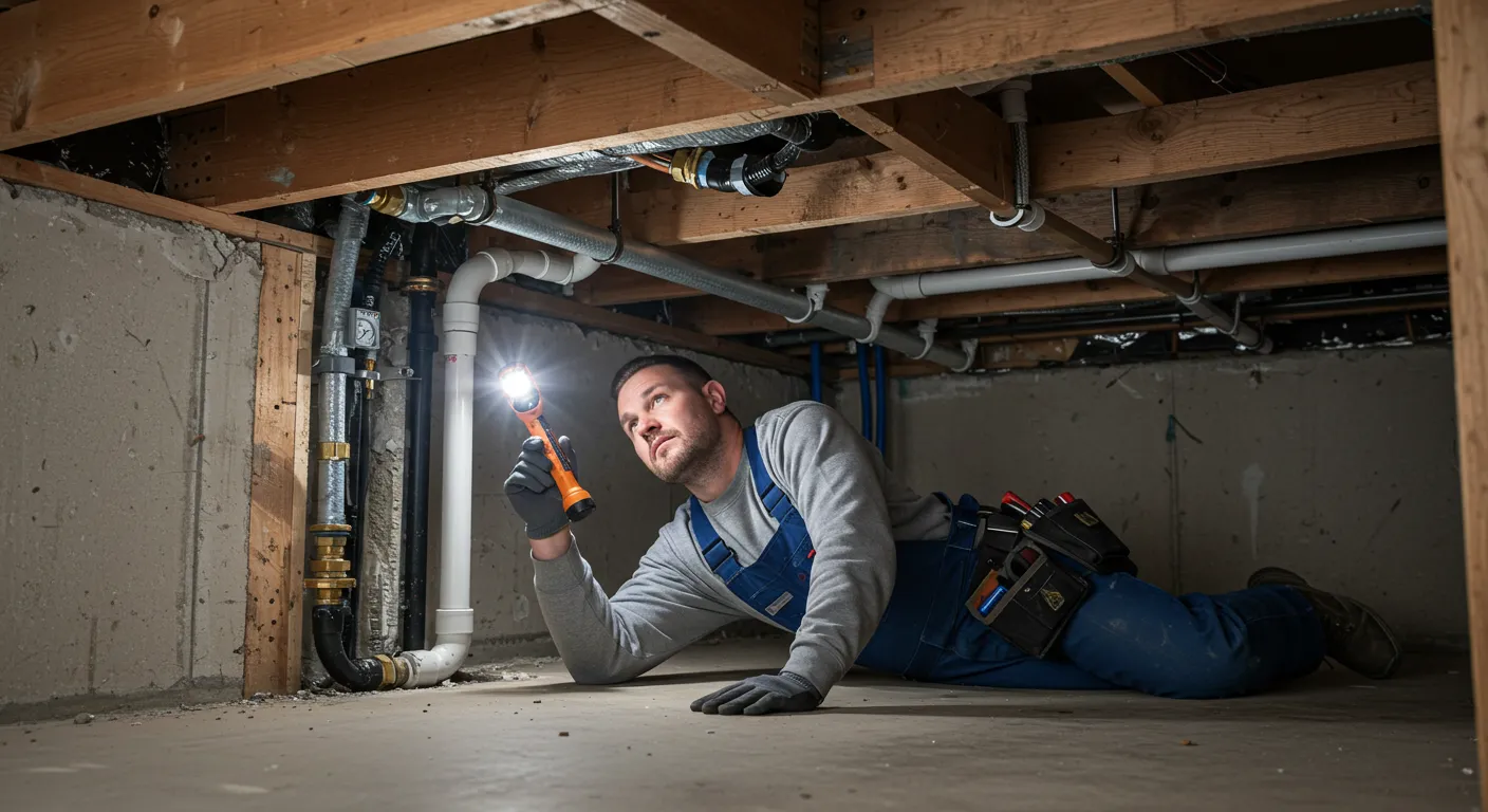 A plumber, wearing a blue shirt and grey overalls, lies on a concrete floor holding a flashlight and looking up at the pipes and wooden framework above him.