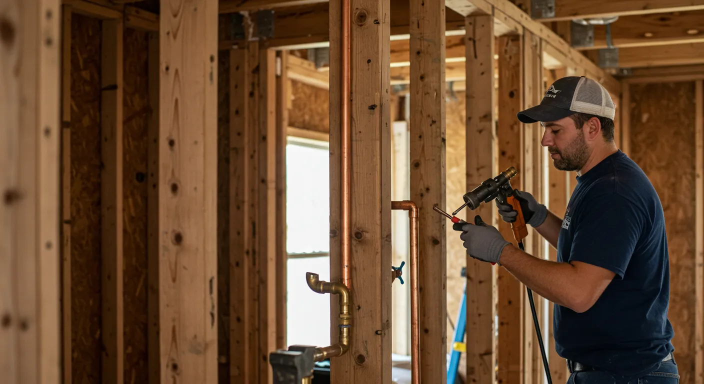 A plumber wearing a cap and gloves uses a tool to connect new copper pipes inside the unfinished wall of a house.