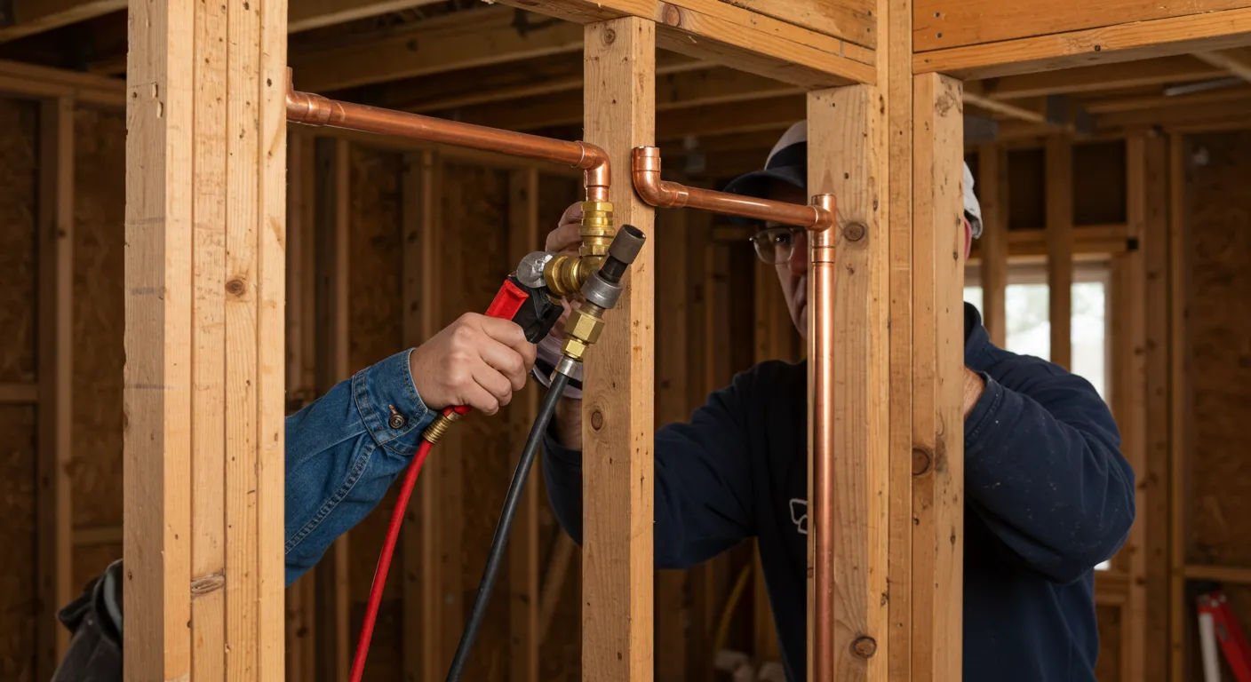Two plumbers work together, one using a tool to connect two sections of copper pipe while the other holds them in place.
