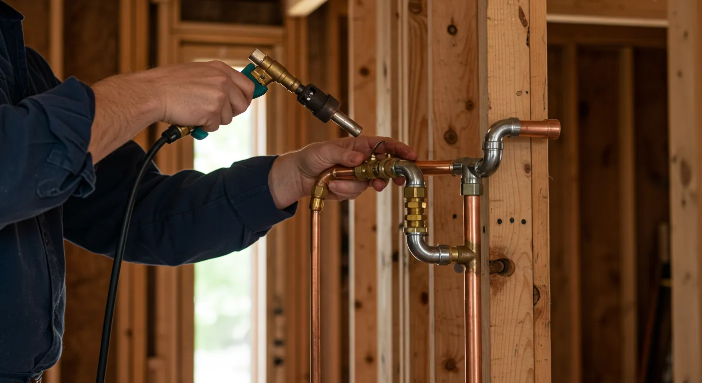 A person in a blue shirt uses a blowtorch to solder copper pipes within a wooden framed wall. 