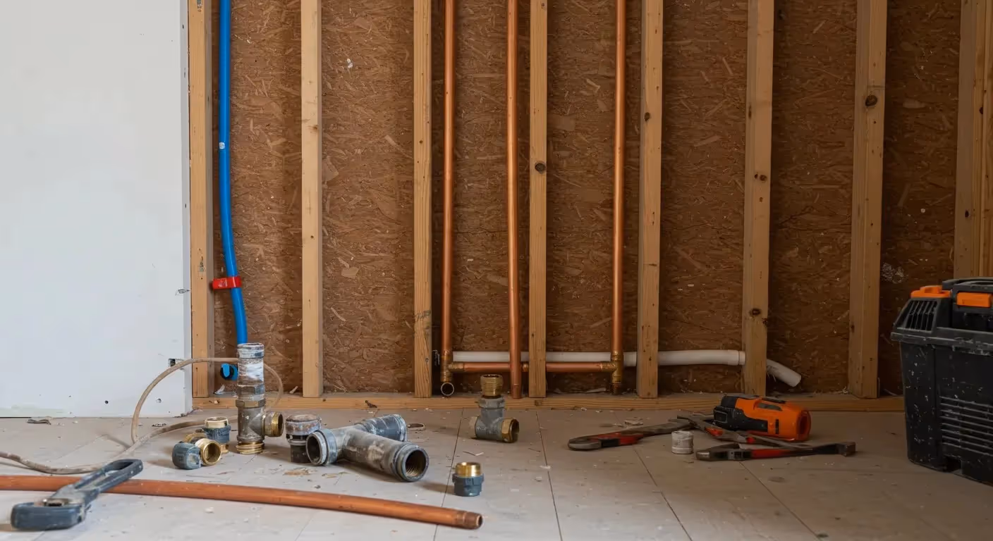 New copper pipes are installed vertically on a wooden wall frame, with a blue PEX pipe on the side and various plumbing tools and old pipes on the floor.
