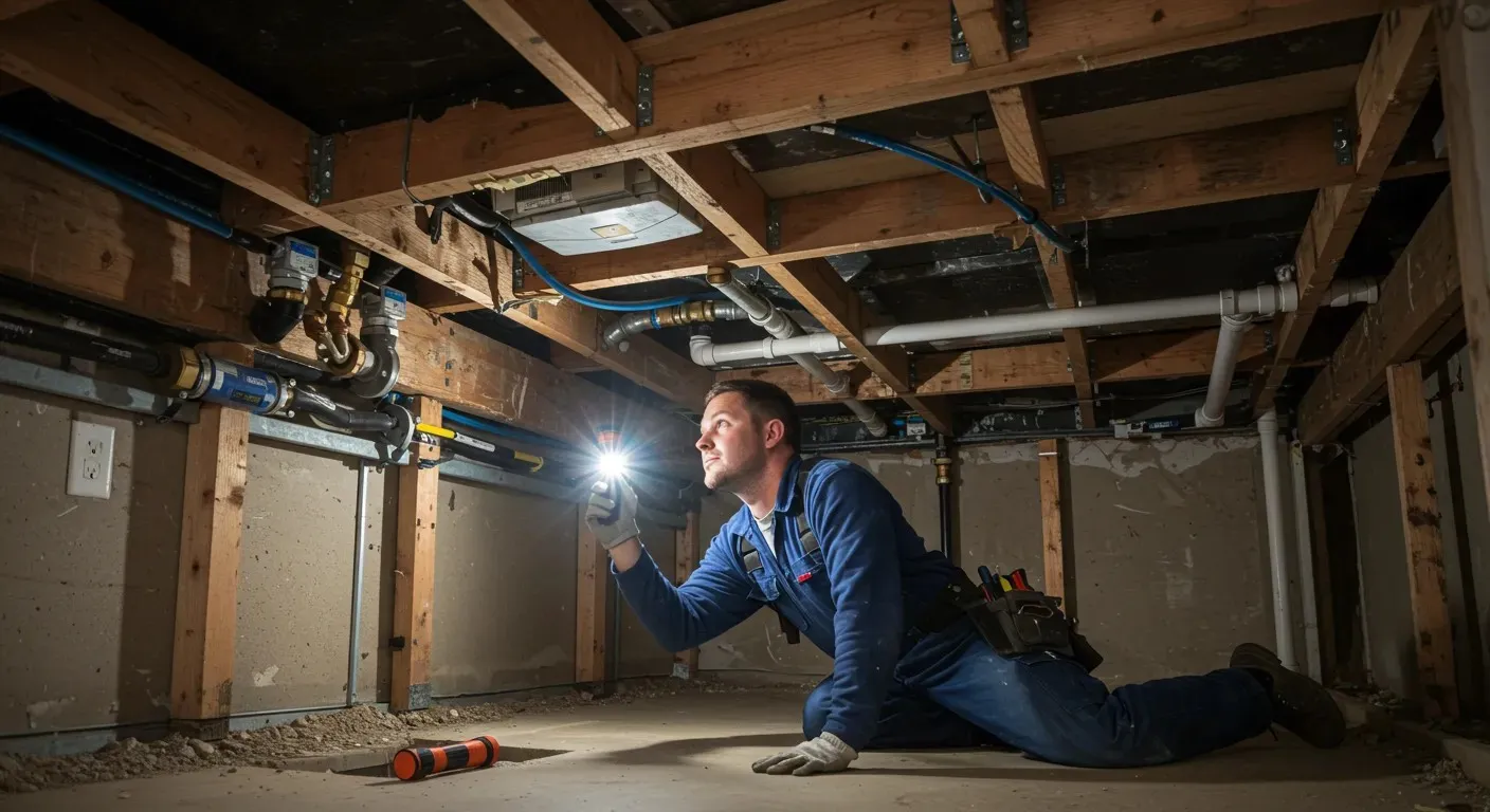 A plumber, wearing a blue jumpsuit, kneels in a basement and uses a flashlight to inspect a complex arrangement of pipes and wires attached to the ceiling.