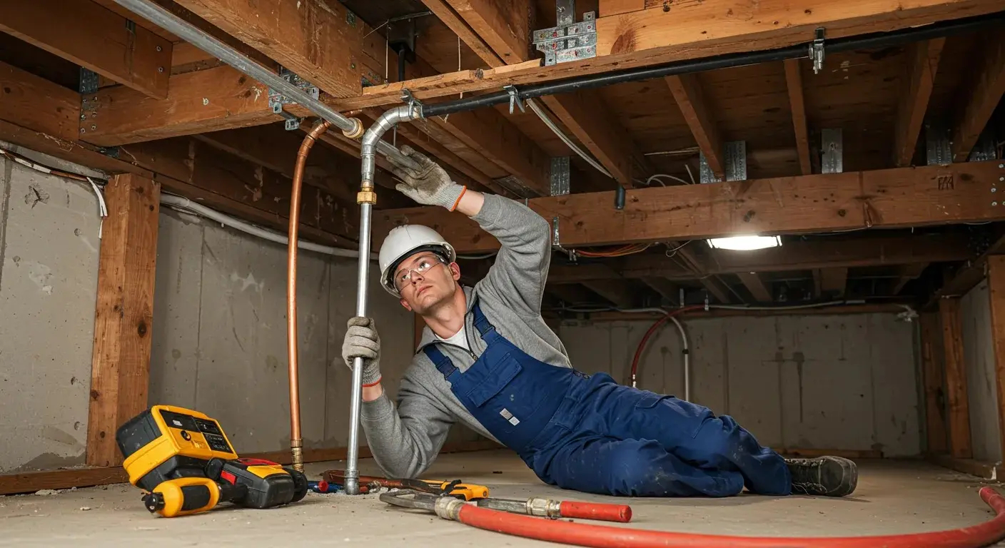 A plumber wearing a hard hat and overalls works on installing new pipes in a basement or crawlspace.