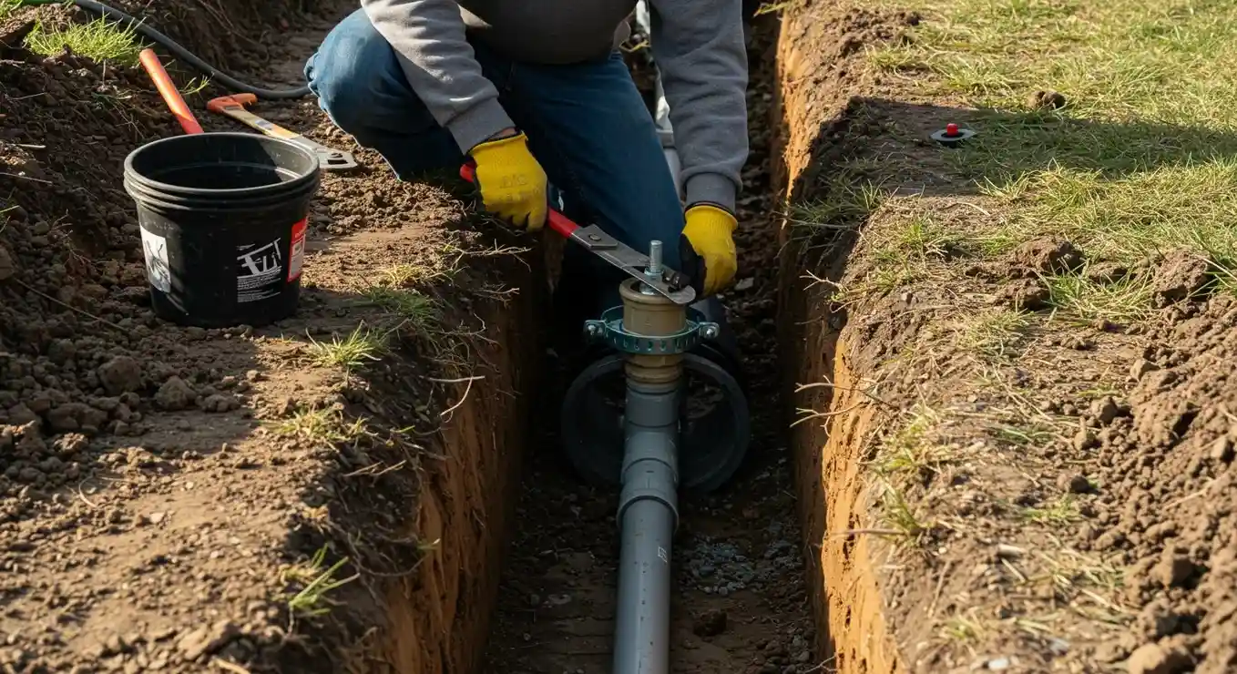 A person in jeans and yellow gloves is kneeling in a trench, using a wrench to tighten a metal clamp on a gray pipe. A large black bucket is on the ground nearby.
