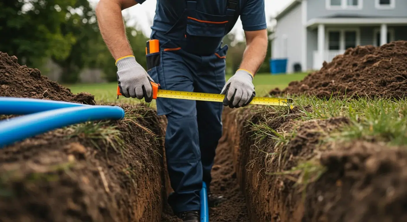 A worker in blue overalls and gloves is standing in a trench, using a tape measure to check the depth of a blue water line. The tape measure is extended from the ground level down to the pipe.