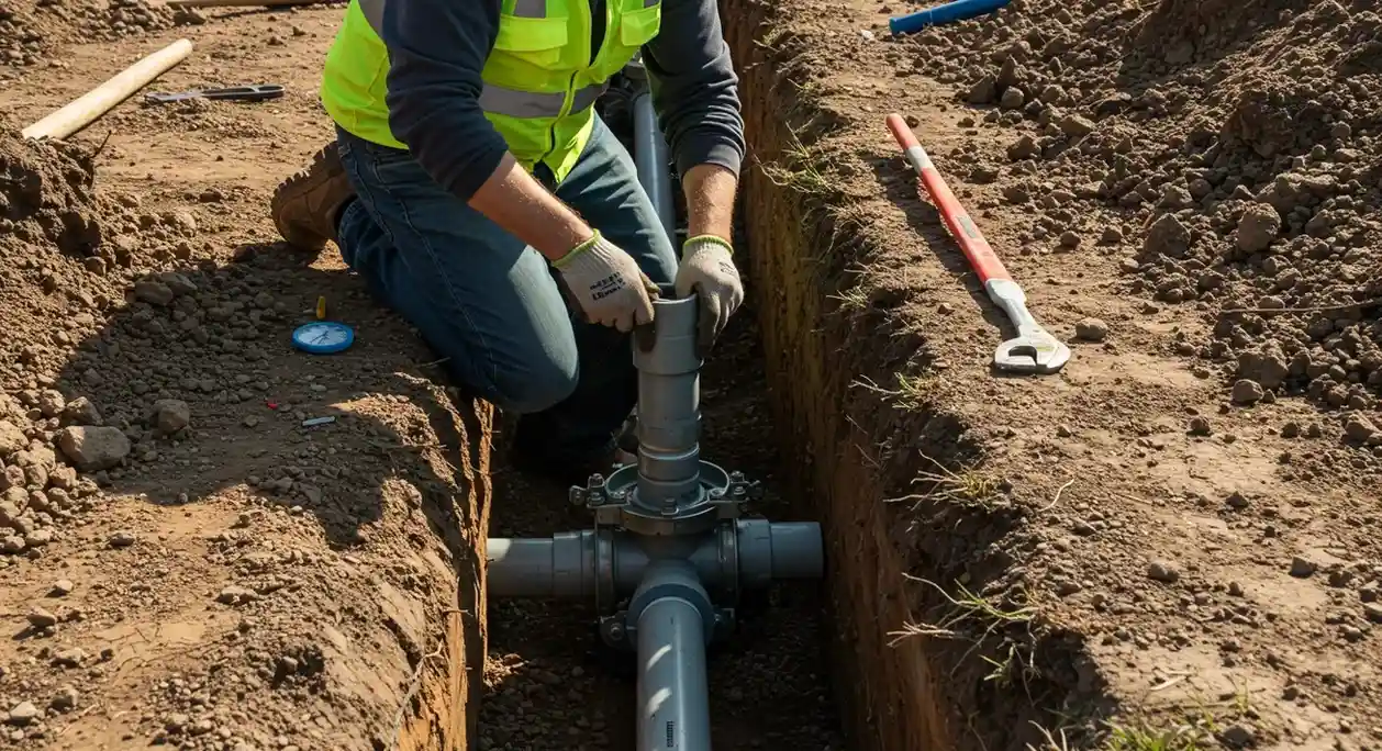 A worker in a yellow safety vest is kneeling in a trench, working with a gray pipe fitting. The fitting is a large T-junction connecting a vertical and a horizontal gray water pipe.