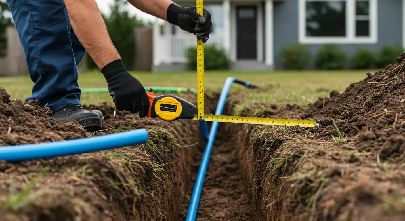 A person wearing gloves is kneeling in a trench, using a tape measure to measure the depth of a blue water line. The yellow tape measure extends from the edge of the trench down to the pipe.