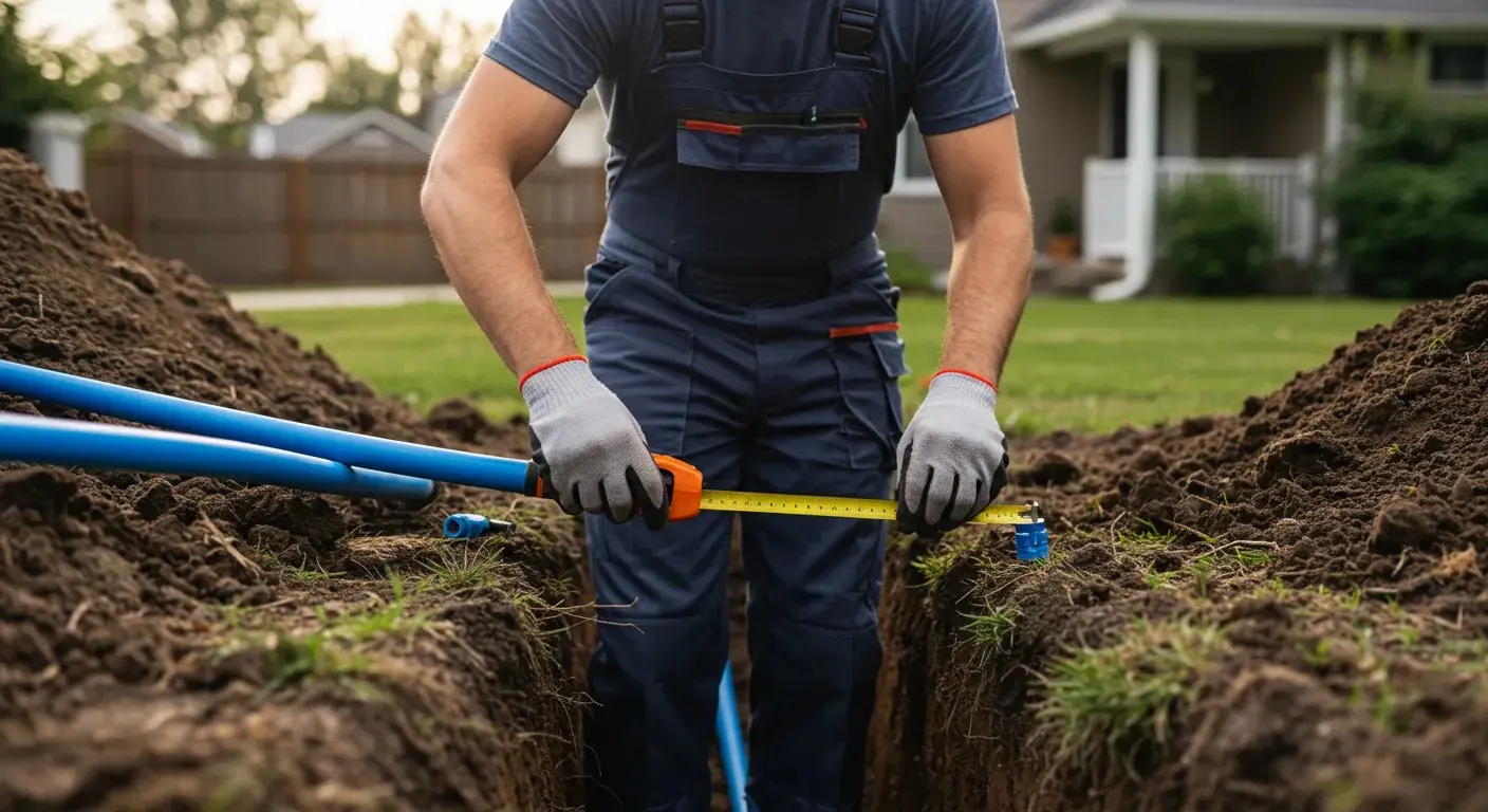 A person in work overalls and gloves is kneeling in a trench, using a tape measure to measure a bright blue water pipe. Two pipes are visible, with piles of dirt on either side and a house in the background.