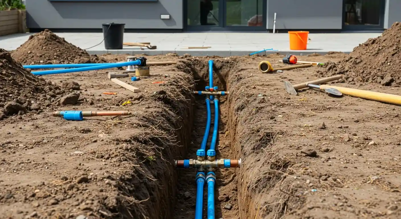 A wide, low-angle shot shows a deep trench with two parallel blue water lines running through it. Several brass fittings and valves are installed on the pipes, with tools and piles of dirt surrounding the trench.