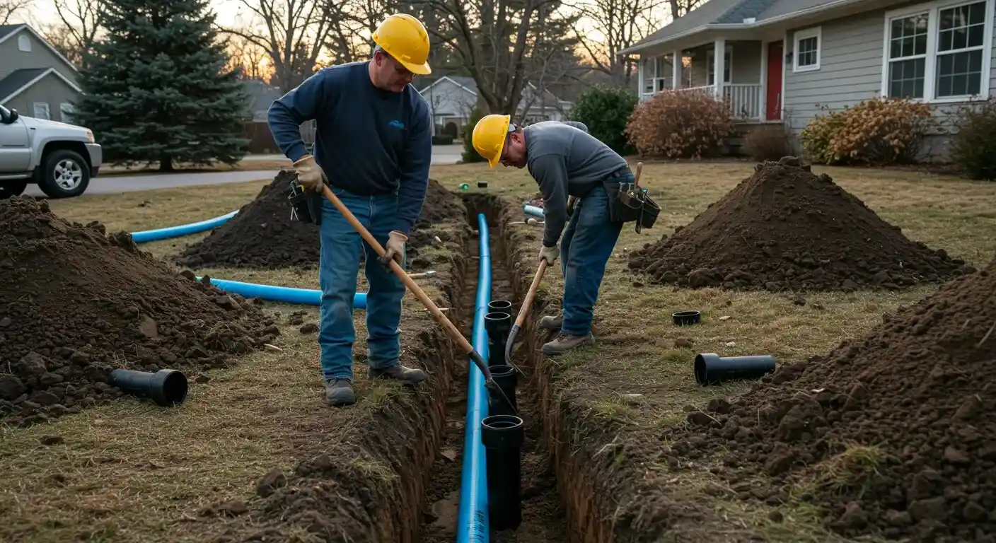 Two workers in hard hats and work clothes are standing in a grassy yard, using shovels to backfill a trench around a blue water line. They are working near a residential house and a truck is parked in the background.