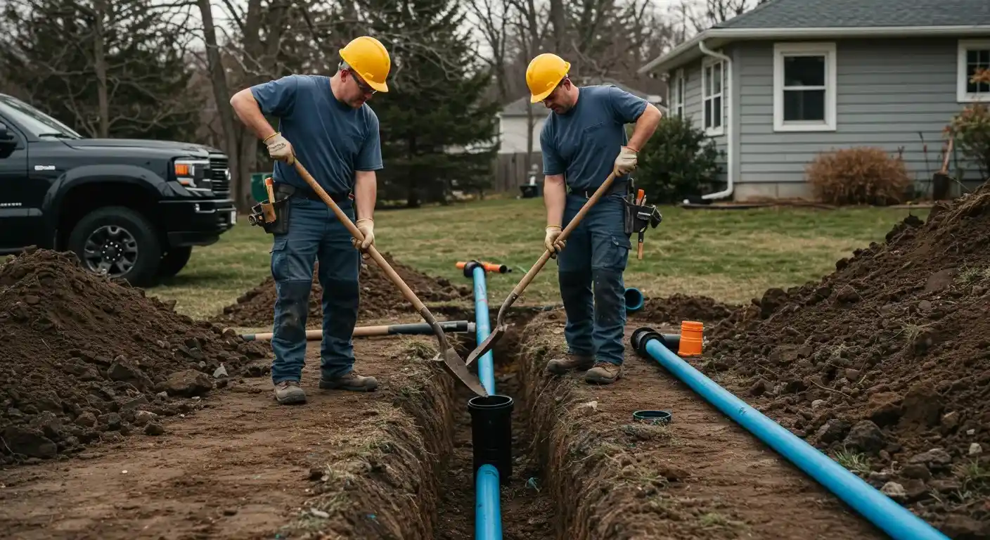 Two workers in hard hats are using shovels to push dirt into a trench, covering a blue water line. Piles of dirt and a black pickup truck are visible in the background, with a house on the right.