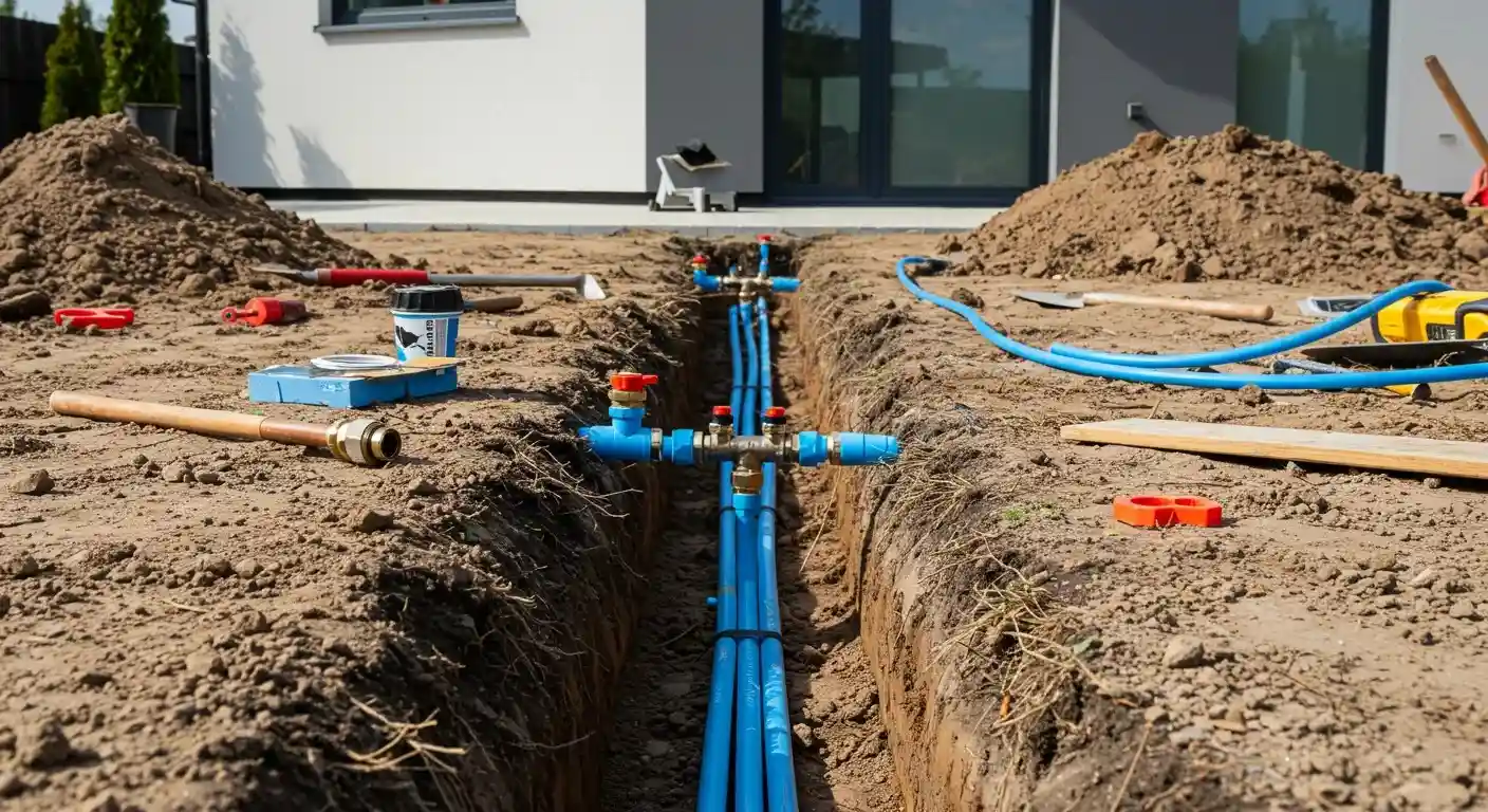 A low-angle shot shows two parallel blue water pipes in a trench, with multiple brass fittings and valves connecting them. Tools and plumbing supplies are scattered on the dirt around the trench, with a modern building in the background.