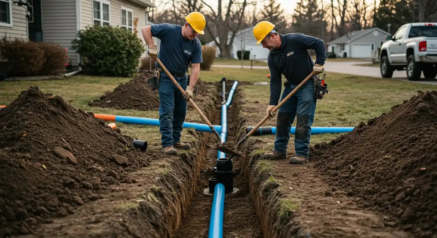 Two workers in hard hats and work clothes are standing on opposite sides of a trench. They are using shovels to backfill dirt around a blue water line with a black coupling in a residential yard.
