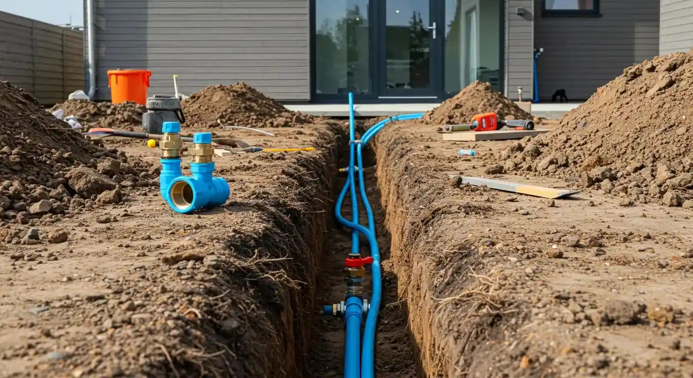 A low-angle shot shows a trench with blue water lines and a T-junction fitting with brass components. A red-handled valve is visible on one pipe, and a modern house with a large glass door is in the background.