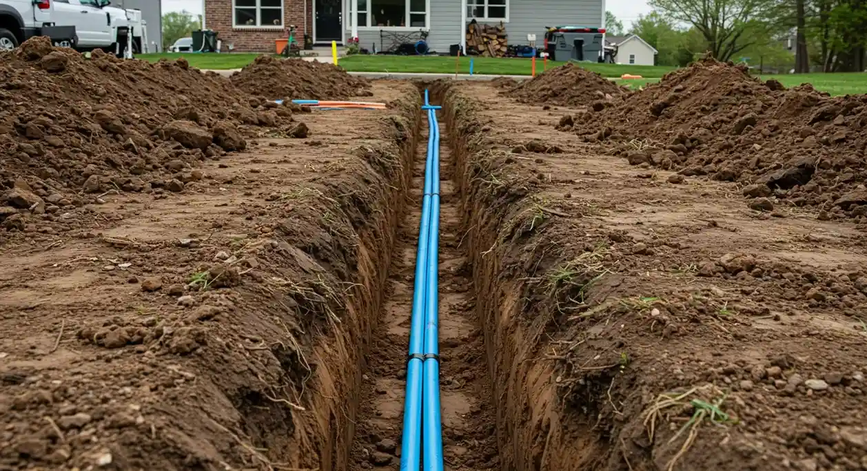 A low-angle shot from inside a trench shows two parallel blue water lines extending into the distance toward a suburban house. Piles of dirt are on either side of the trench.