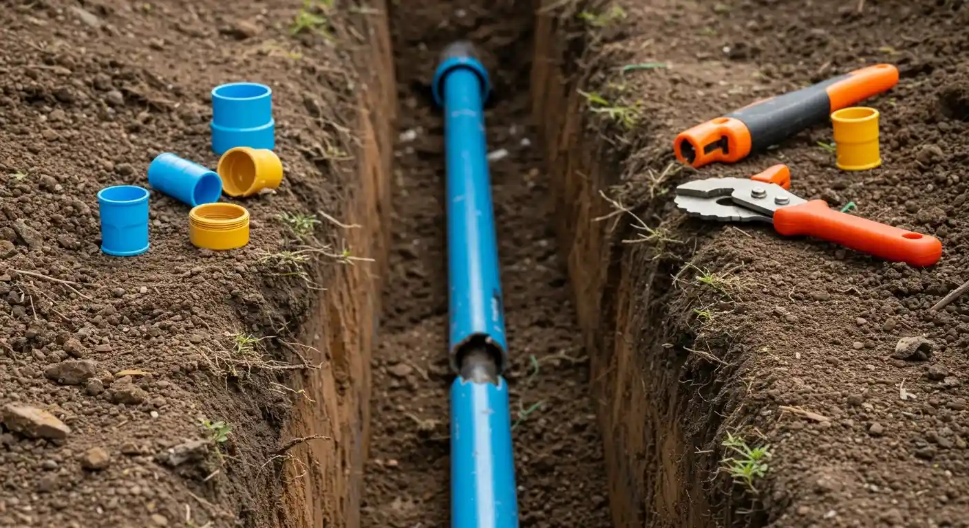A close-up, low-angle shot shows a broken blue water pipe in a dirt trench. A pair of pliers with an orange handle and various blue and yellow pipe fittings are scattered on the ground around it.