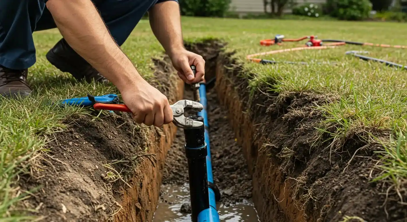 A close-up view from inside a trench shows a person's hands wearing gloves. They are using a wrench to tighten a fitting on a blue water pipe, which is connected to a black vertical pipe, while the area is muddy.