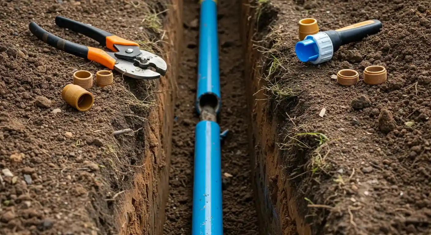 A close-up, ground-level shot shows a broken blue water pipe in a trench. A pair of pliers with orange handles and several yellow pipe fittings are arranged on the surrounding dirt.