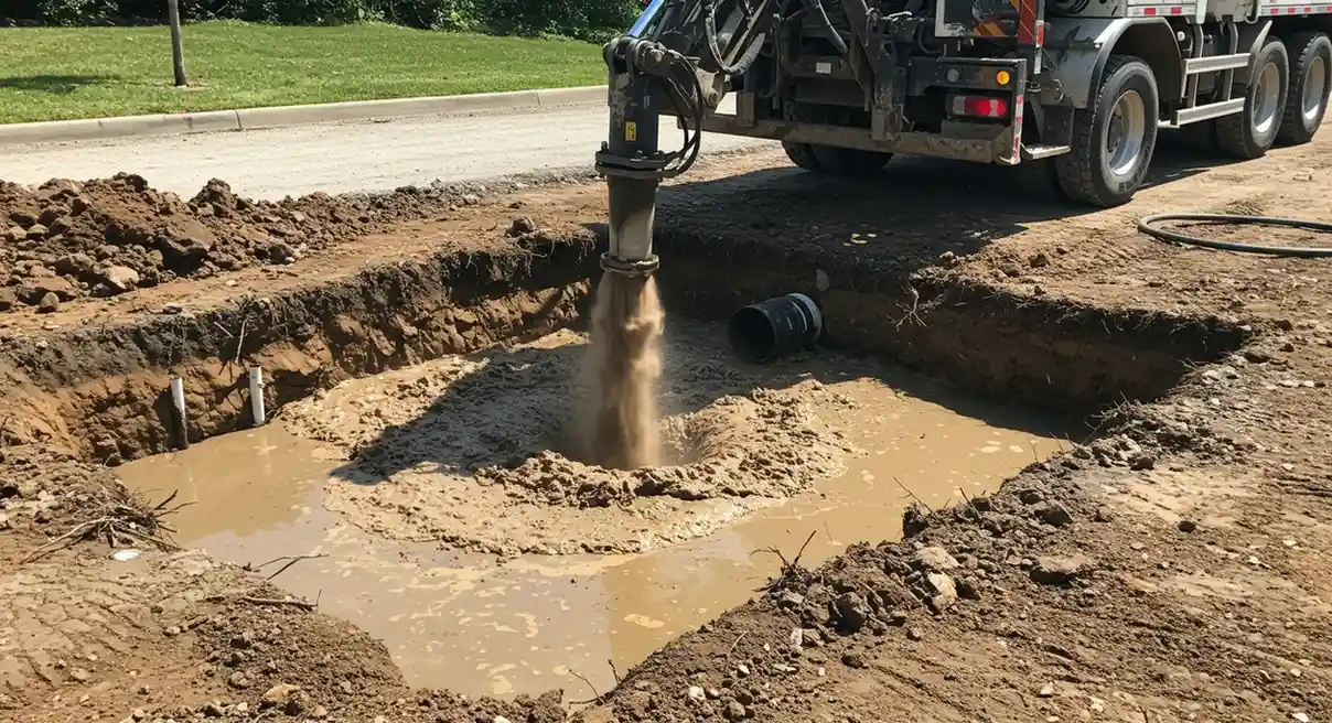 Mud and water flowing into pit.