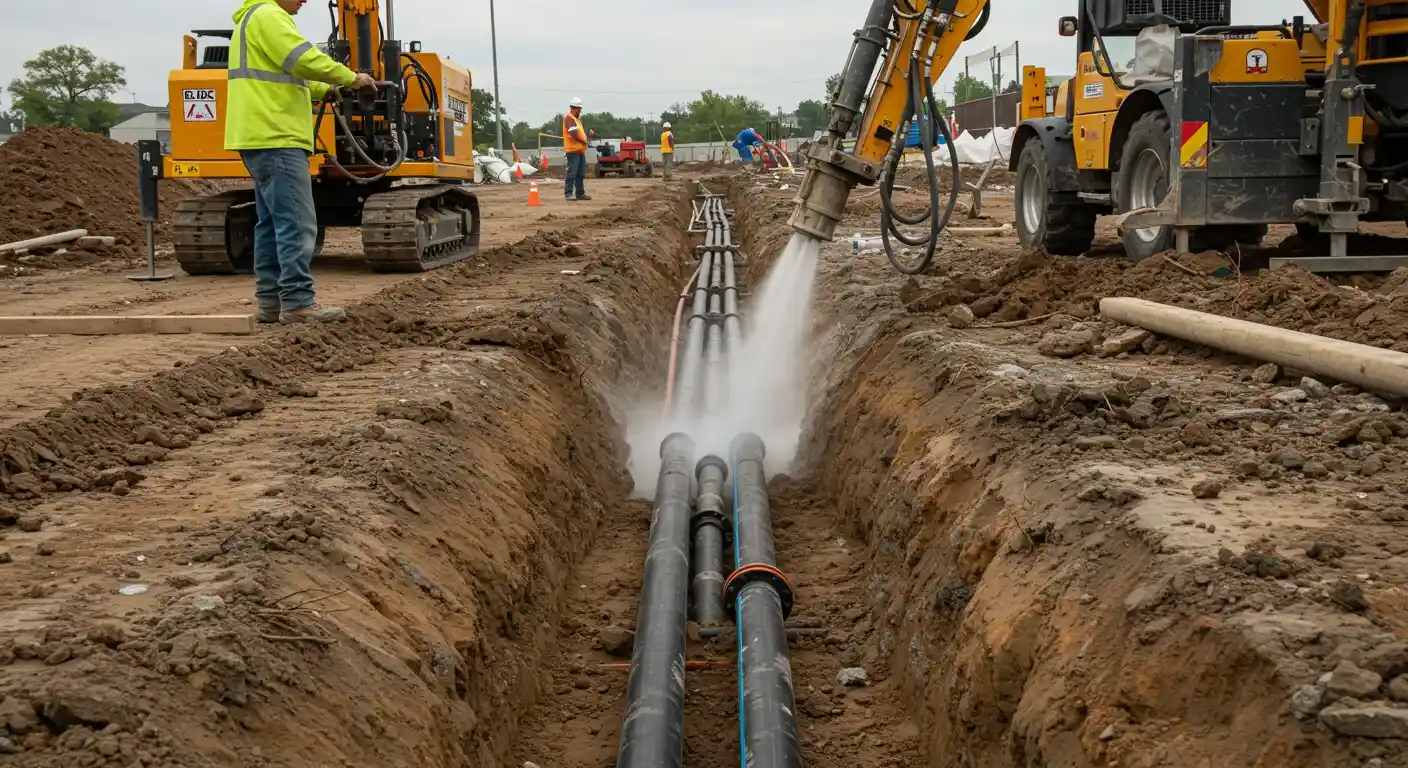 Man uses water to clean pipes.