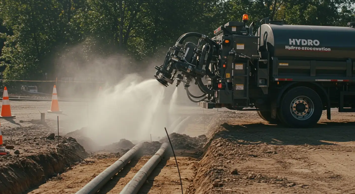 Hydro excavation truck sprays water jets.