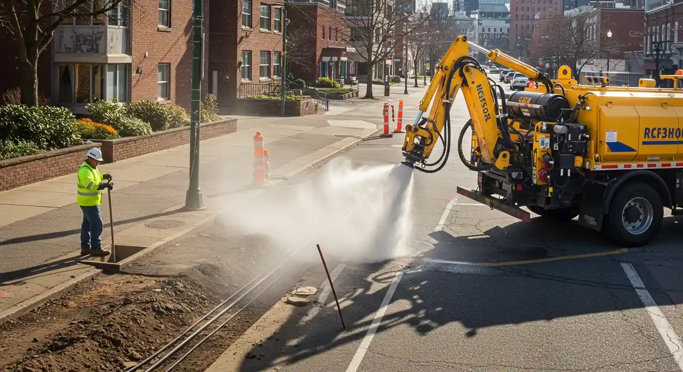 Yellow truck hydro-excavating a city street.