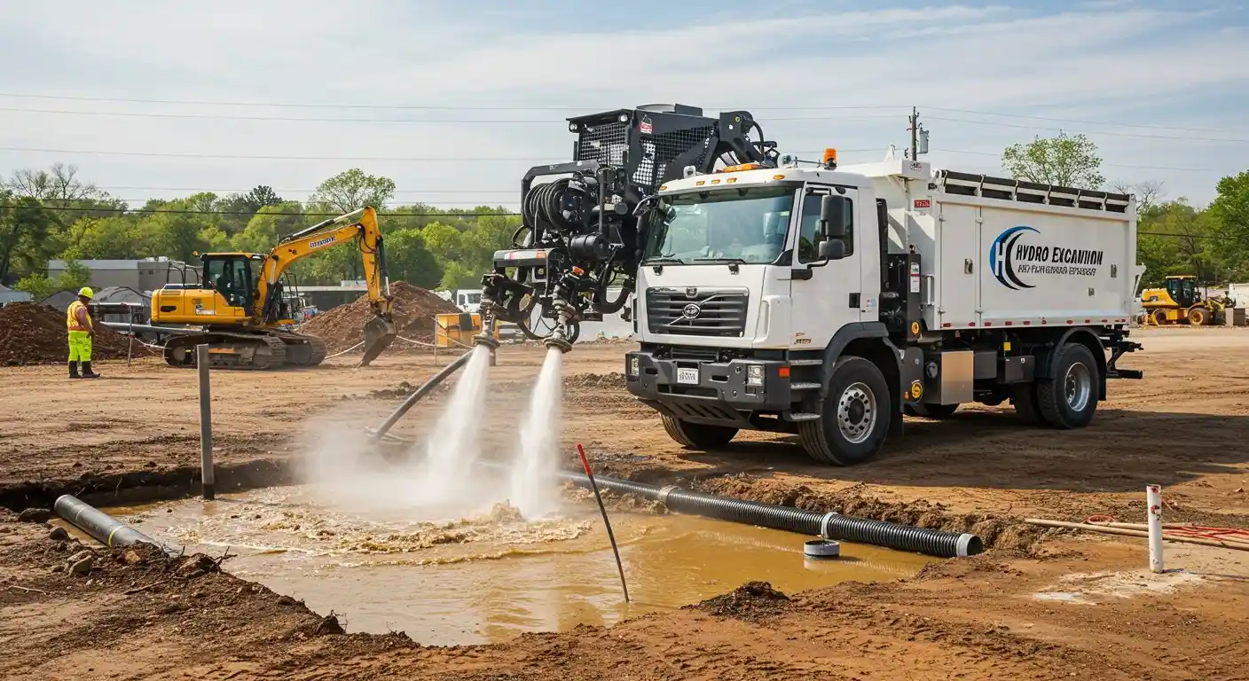 Hydro excavation truck digging large pit.